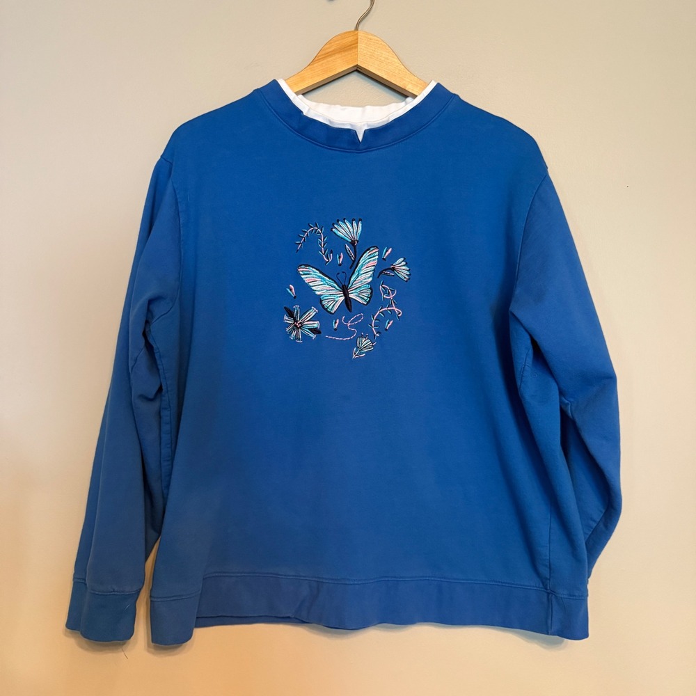 Gold Coast Blue Embroidered Butterfly Floral Mock Neck Sweatshirt XXL Cotton